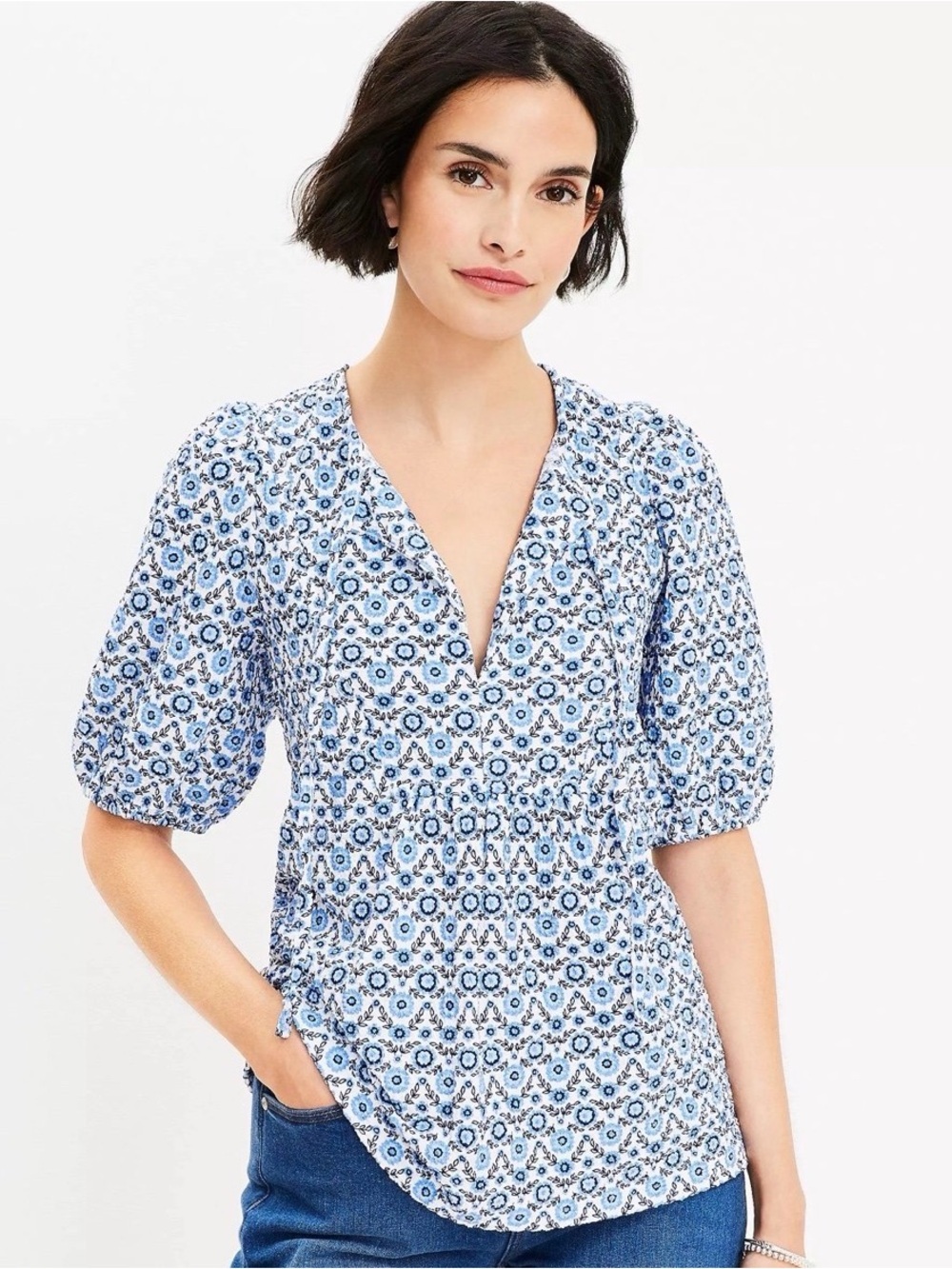 LOFT Floral Puff Sleeve Tie Neck Top size XS